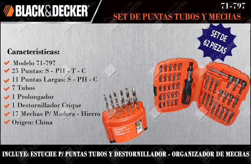 Black & Decker Set  62 Piezas Atornillador, Mechas Y Puntas