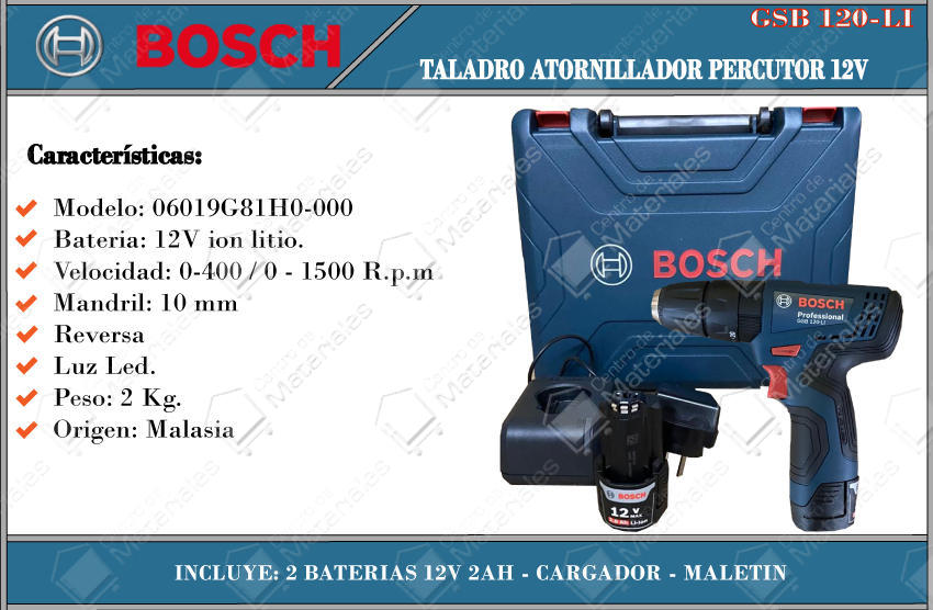 Bosch Atornillador Taladro 12v 10mm C/perc. 2 Bat Gsb120-li