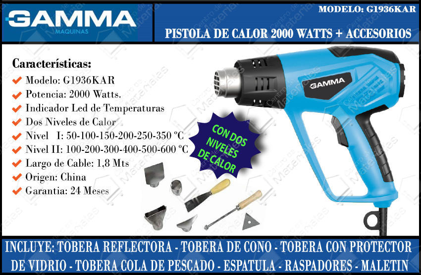 Gamma Pistola De Calor 2000 W 2 Temp. 50 - 350 Y 100 - 600 °c