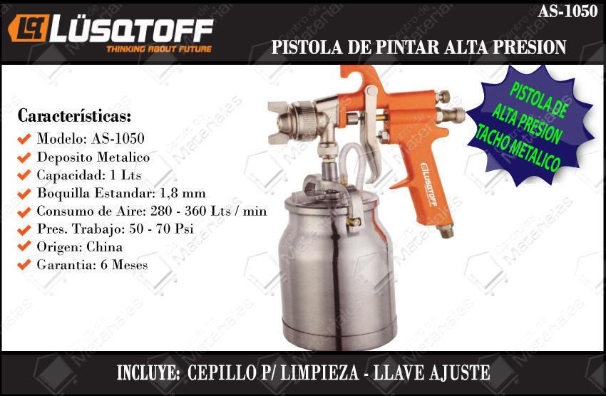 Lusqtoff Pistola De Pintar Alta Presion Dep. 1lt. 280-360 L/min. Boq. 1,8mm 50-70 Psi