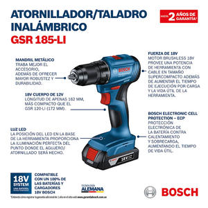Bosch Atornillador Taladro 18v 13mm Gsr 185-li  Sin Carbones (2 Baterias  - Maletin)