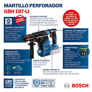 Bosch Martillo Rotativo 18v Gbh 187 Li Mechas Comunes Y Sds (sin Baterias - Sin Cargador)