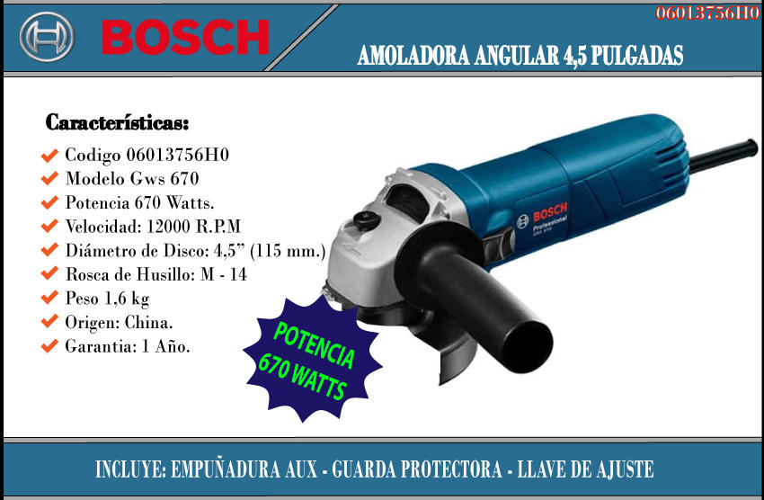 Bosch Amoladora 115 Mm 4-1/2 Gws 6-115 670 W