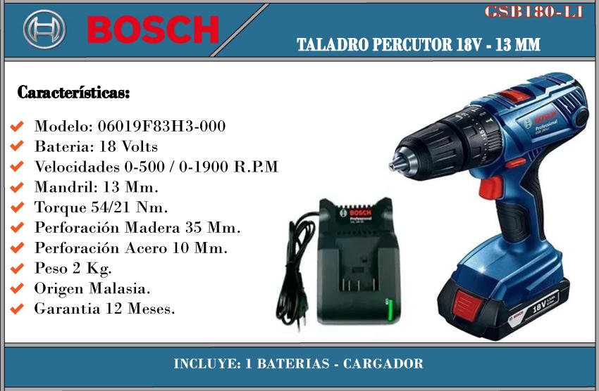 Bosch Atornillador Taladro Percutor 18v 13mm Gsb180-li - 1 Bateria