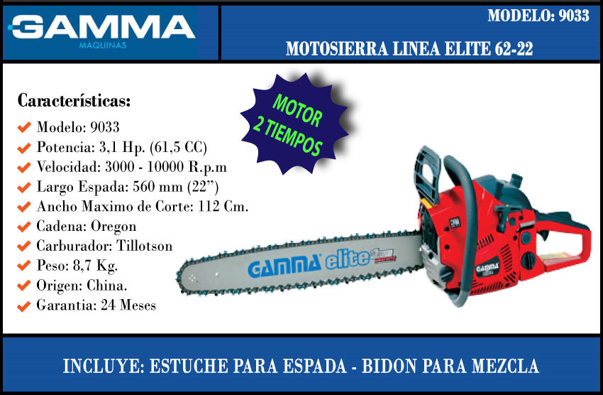 Gamma Motosierra 62cc 22'' 2 Tiempos Elite Cadena Oregon Carb Tillotson(usa)