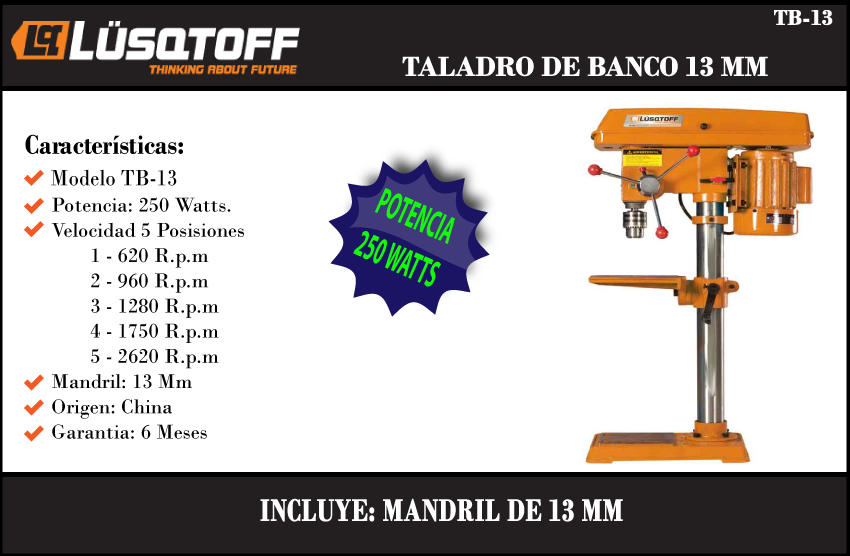 Lusqtoff Taladro De Banco 13 Mm 250 W 1,1 Ap 1420 Rpm