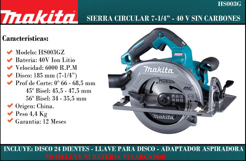 Makita Sierra Circular 40v Xgt 7-1/4" Sin Carbones  (sin Bateria - Sin Cargador)
