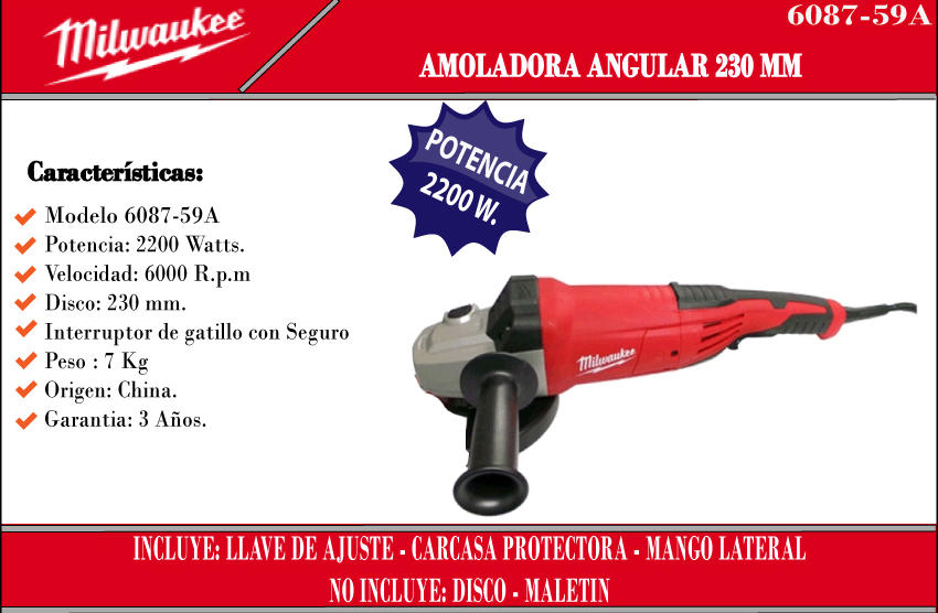 Milwaukee Amoladora 230mm 9" 2200 W Rpm6600 6087-59a