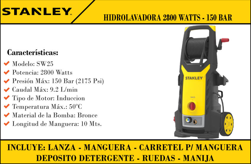Stanley - Hidrolavadora 150 Bar 2175psi 2800w Ruedas (sw25)