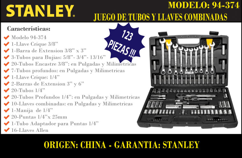 Stanley Set 123 Piezas Herramientas 1/4"y 3/8" (mm) 94-374