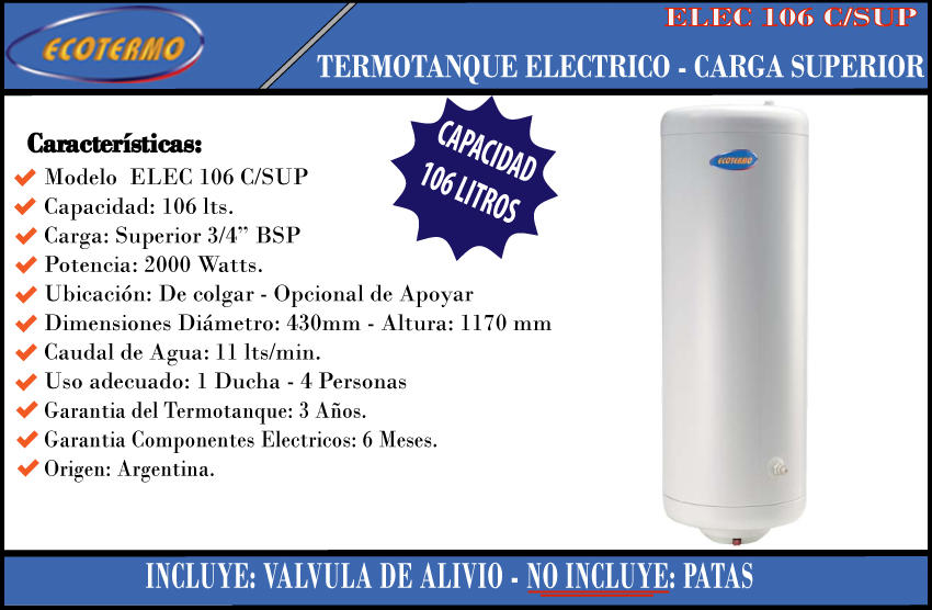 Termotanque Ecotermo 106 Lt Electrico Carga Superior