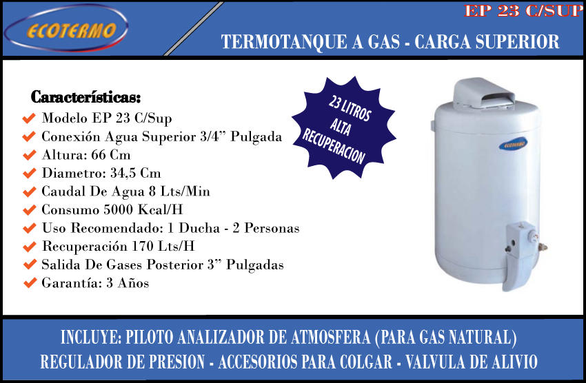 Termotanque Ecotermo  23 Lt Alta Recuperacion Gas Natural Carga Superior