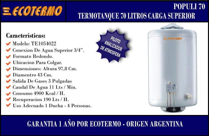 Termotanque Ecotermo 70 Lt Populi Gas Natural Carga Superior Centro