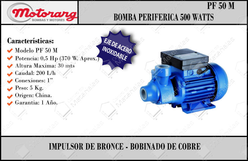 Motorarg Bomba Periferica Pf50m 220v 0.5hp - Centro De Materiales