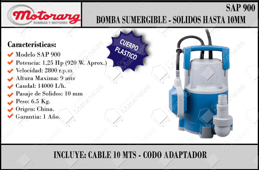 Motorarg Bomba Sumergible Portatil Sap900 220v 1.25hp Agua Limpia ...