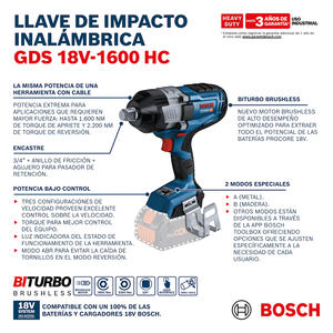 Bosch Llave De Impacto 18v 3/4 Gds 18 V-1600 Hc (sin Bateria - Sin Cargador)