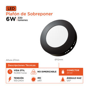 Panel Led Redondo Aplicar 6w Luz Fria (negro) Black+decker