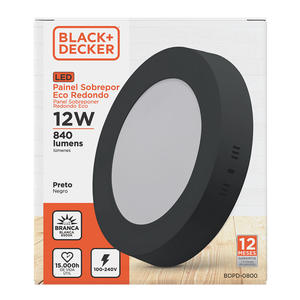 Panel Led Redondo Aplicar 12w Luz Fria (negro) Black+decker