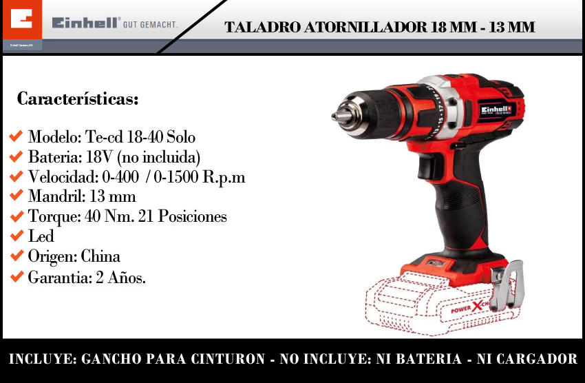 Einhell Taladro Atornillador Batería TE-CD 18/40