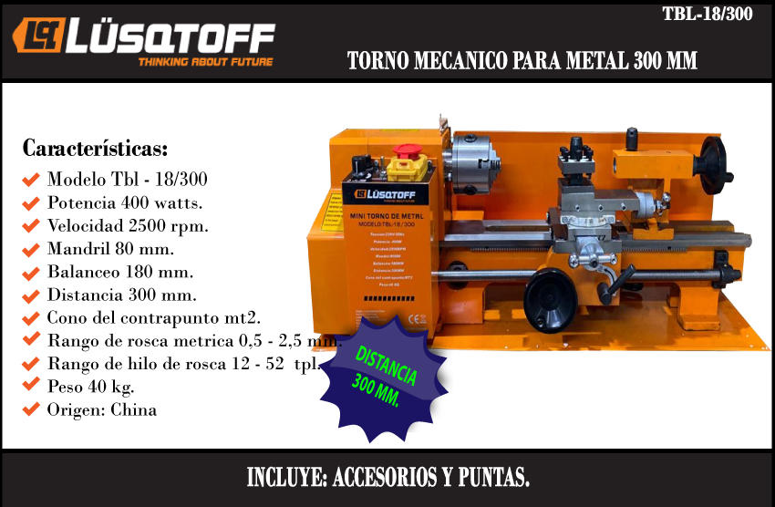Torno Mecanico Para Metal 300 Mm Lusqtoff TBL-18/300